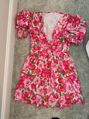 Pink Floral V-Neck Puff Sleeve Dress